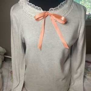 Old Navy White Lace Sweater with Pink Ribbon